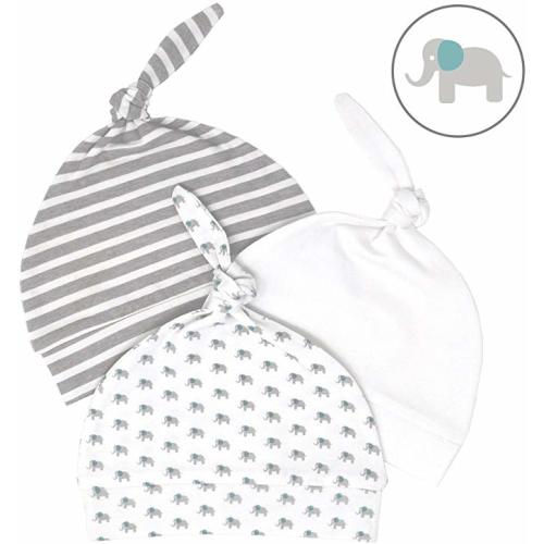 Tots on Trend Newborn Hats For Boys Girls Soft 100% Organic Cotton Baby Elephant Infant Beanie Hospital Caps (3-Pack) - 0-3M - Grey, Teal, White