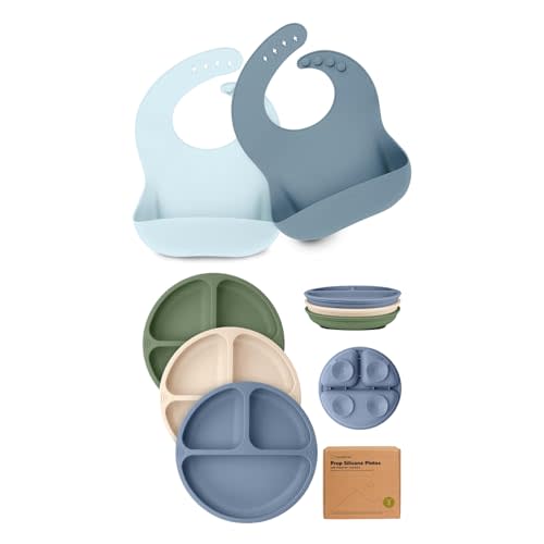 KeaBabies 2-Pack Baby Silicone Bibs and Suction Plates for Baby, Toddler - Waterproof, Easy Wipe Silicone Bib for Babies, Toddlers - 3-Pack 100% Silicone Divided Baby Plates with Suction
