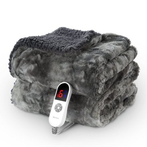 MARNUR Electric Throw Blanket 50" x 60", Soft Faux Fur Heated Blanket with Large LED Display, 6 Heating Levels, 4 Hours Timer , Tie-Dye Gray