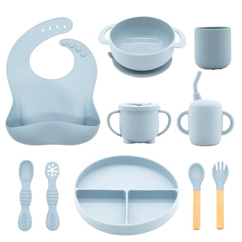 CHCC Silicone Baby Feeding Set 10 Pcs, Baby Led Weaning Supplies, Baby Feeding EatincSupplies Set BPA Free, Baby Essentialsfor Newborn Gift Blue