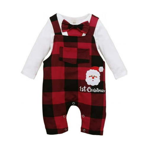 Izhansean My 1st Christmas Newborn Baby Boy Outfits Long Sleeve Romper+Santa Claus Bib Pants Clothes White 6-9 Months