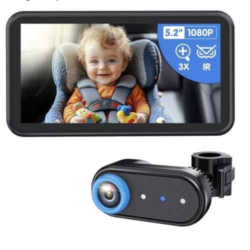 BM2A Baby Car Camera – 3X Zoom to See Baby Clearly, 5.2" 1080P Display & Auto IR Night Vision, Rear-Facing View Monitor, Easy Install for Parents & Pet Owners