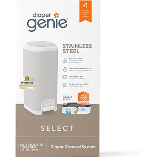 Diaper Genie Select Pail (Grey) is Made of Durable Stainless Steel and Includes 1 Starter Square Refill That can Hold up to 165 Newborn-Sized Diapers.