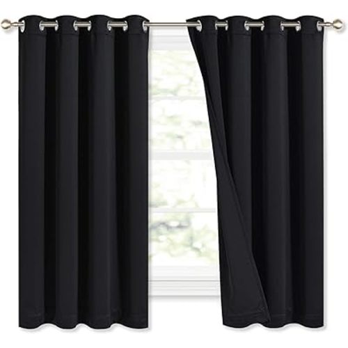 NICETOWN Complete 100% Blackout Curtains, Thermal Insulated Energy Efficiency Window Draperies with Black Liner, Noise Reducing Short Curtains for Kids Room (Black, 52-inch W by 63-inch L, 2 Panels)