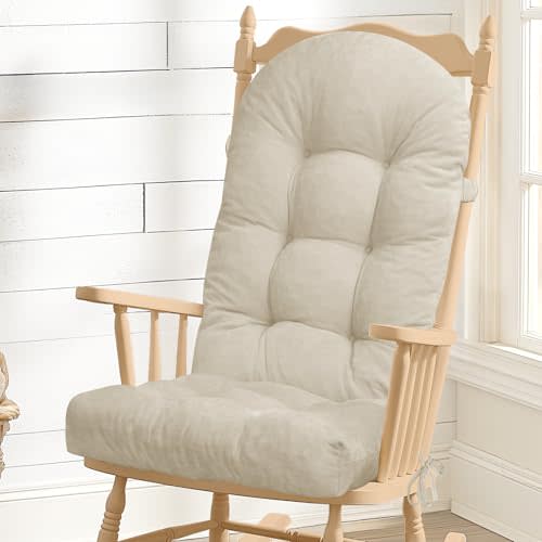 Rocking Chair Cushion - Chenille Fabric, High-Density Sponge, Durable Comfort Non-Slip Bottom Tufted Seat Pads with Ties, Chenille︱Cream, 44x19x4 inch