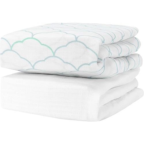Newton Baby Organic Fitted Crib Sheets - Ultra Breathable and Soft, 100% Organic Muslin Cotton, Dreamweaver Print in Moonstone Mist + Solid White, Fits All Standard Cribs