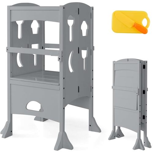 HONEY JOY Kitchen Step Stool for Toddlers, Children Wooden Standing Tower w/Safety Rail, Extra Kitchen Toys, Montessori Foldable Kids Learning Tower for Kitchen Counter(Gray)