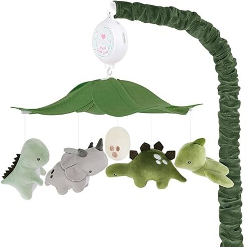 Dinosaur Crib Mobile – Grey and Green Dino Baby Crib Mobile with 3-Mode Music Box, Jurassic Dreams Baby Mobile for Boys & Girls, Nursery Mobiles, Fits Standard Cribs
