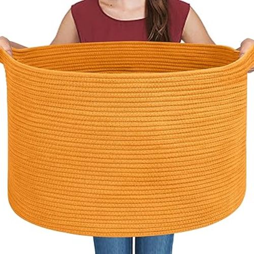 MEGASKET Extra Large Orange Basket, 22" X 22" X 14" Woven Cotton Rope Bins for Blankets, Baby Nursery Wicker Laundry Towel Basket, Kids Dog Toy Storage Box, Big Orange Living Room Decor Organizer