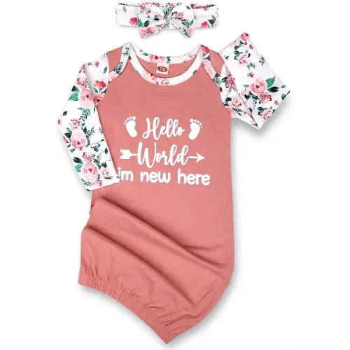 Newborn Baby Girl Gown 0-6 Months, Super Soft Newborn Sleepers Gown, Long Sleeve Infant Nightgown for Girls, Baby Girl Outfit Essential with Headband Set Pink