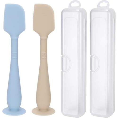 2 Pack Diaper Cream Spatula with Hygienic Travel Case, Butt Spatula Baby with Suction Base, Baby Butt Paste Spatula, Soft Silicone Diaper Rash Cream Applicator Large Size (Blue & Offwhite)