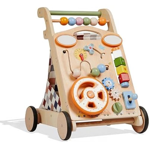 GROWNSY Wooden Baby Walker with Wheels Adjustable Speed, Baby Push Walker with Detachable Busy Board 7 Different Montessori Toys, Baby Gifts & New Parents Gifts for Boys & Girls (Wood Color)
