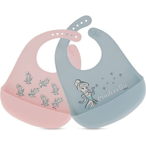 Disney 2-Pack Unisex Baby & Toddler Silicone Bibs with Food Catcher, Soft Waterproof Feeding Accessories Blue/Pink