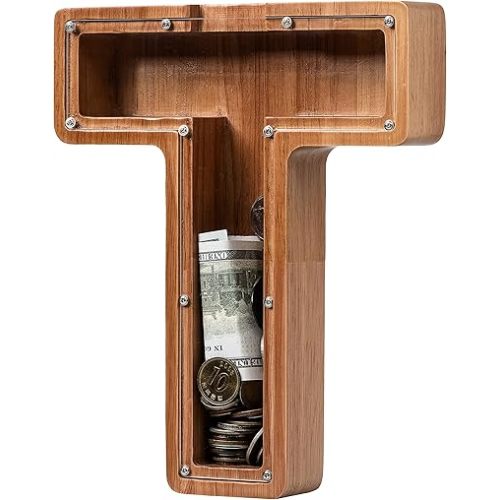 Piggy Bank for Kids Boys Girls, Wooden Large Letter Piggy Bank Alphabet Money Bank with Initial T, Coin Bank Fun Gifts for Birthday, Christmas, Festival, Baby Shower
