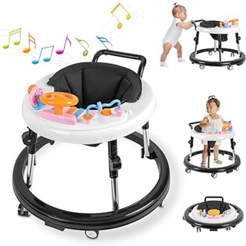 Baby Walker Foldable, Baby Walkers and Activity Center for Boys Girls Babies 6-12 Months with Feeding Tray & Music, and 5 Adjustable Heights, Baby Walker with Wheels……