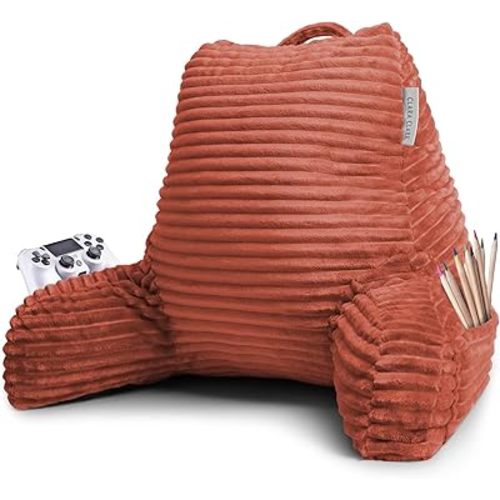 Clara Clark Reading Pillow for Bed Adult –Back Pillow for Sitting in Bed, Standard Plush Bed Pillows for Sitting Up in Bed, Shredded Foam Bed Chair Pillow with Arms and Pockets, Misty Bed Rest Pillow