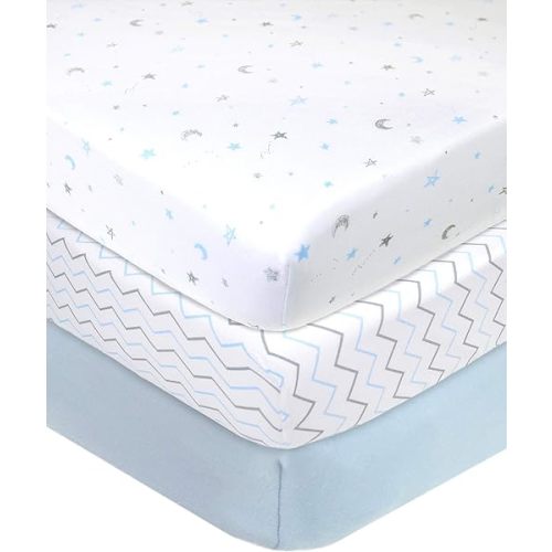 American Baby Company 3 Pack Fitted Crib Sheets 28" x 52", Soft Breathable Neutral 100% Cotton Jersey Sheet, Blue Star/Zigzag, for Boys and Girls, Fits Crib and Toddler Bed mattresses