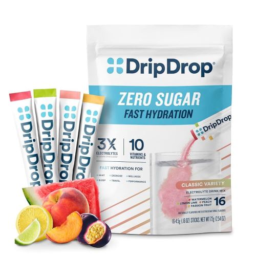 DripDrop Sugar Free Hydration Packets - Zero Classic Variety Pack - Single Serve Electrolytes Powder Drink Mix - Lemon Lime, Watermelon, Peach, Passion Fruit - Non-GMO, Gluten Free, Vegan - 16 Sticks