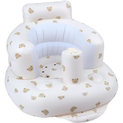 Baby Inflatable Seat with Suction Cups for Babies 3 Months & Up, Baby Floor Seats for Sitting Up with Built in Air Pump, Blow Up Baby Chair for Infants - Bear Head