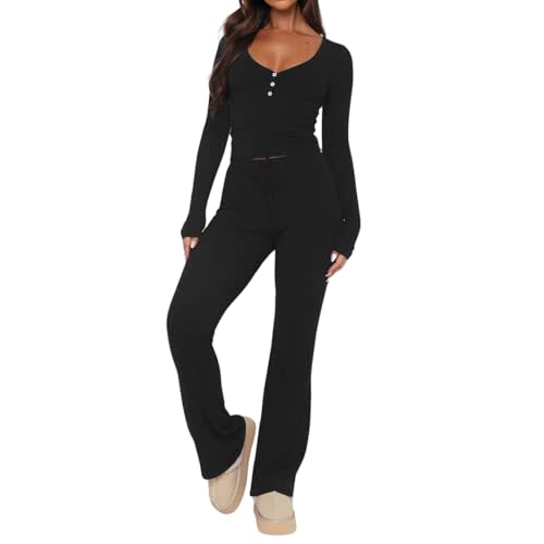 Mulisky Lounge Sets for Women 2 Pieces Long Sleeve Henley Shirt and Drawstring Waist Pants Set Pajama Loungewear