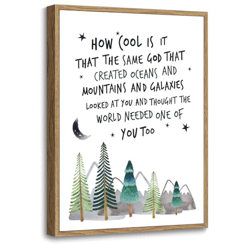 Howwii Inspirational Wall Art for Nursery Mountain Decor, Same God Creation Christian Wall Decor for Kids Room, First Communion Gift Baptism Gifts for Boys Girls (Brown Frame)