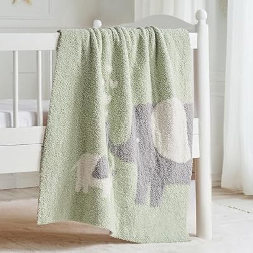 EVERGRACE Soft Plush Baby Blanket for Boys Girls with Print Animal Pattern, Fleece Fuzzy Toddler Nursery Blanket Lightweight Warm Cozy Throw Blanket for Baby Crib, Couch, Elephant, Sage Green, 30"x40"