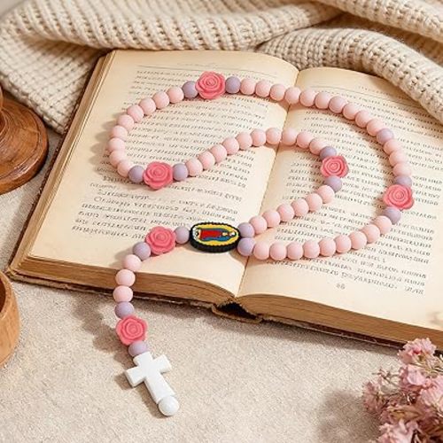 Baby Rosary Baptism Gift, Silicone God Bless Kids First Rosary Catholic Cross Necklace 1st Year Baptism Party Supply for Baby Shower Christian Communion Gifts, Pink, Flower