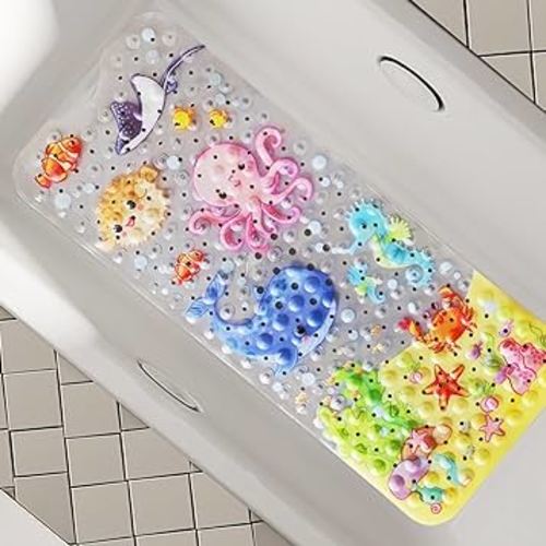 Secopad Non Slip Bathtub Mat Kids, 40 X 16 Inch Baby Bath Mat, Cartoon Bath Tub Shower Mat Anti Slip with Drain Holes and Suction Cups Machine Washable, Pink Octopus