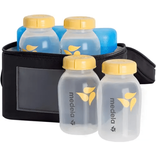 Medela Breast Milk Storage Cooler Bag with Contoured Ice Pack, 4 Bottles and Lids, Convenient Breastmilk Transport