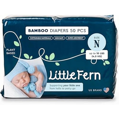 Bamboo Diapers Size N [up to 10lbs or 4.5kg] Extra Soft, Natural, Non Toxic, Hypoallergenic, Disposable Hyper Absorbent, Newborn Sensitive Baby Diapers 50 Pieces