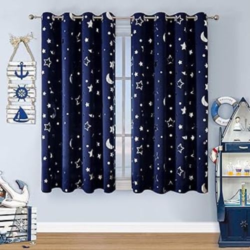 WUBODTI Navy Blue Nursery Blackout Curtains Star Curtain 45 inch Length 2 Panel Sets for Kids Bedroom, Room Darkening Space Themed Window Curtain Grommets Galaxy Constellation Drapes for Baby Boys