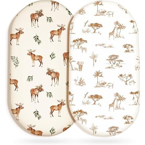GRSSDER Ultra Soft Bassinet Sheets 2 Pack, Stretchy Breathable Knit Bassinet Mattress Sheets for Baby, Universal Fitted Baby Cradle Moses Basket Oval Rectangle Mattresses Safe and Snug, Animals Print