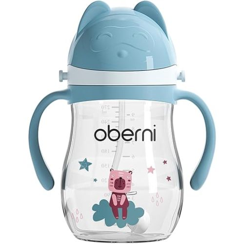 Leakproof Sippy Cups, Double Sealing No Spill Water Bottle with Weighted Straw and Non-Slip Handle for Toddler 1-3 Years, Tritan Baby Cups 12+ Months, 270ml/9oz (1Pack,Blue)