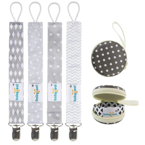 Babygoal Baby Pacifier Clips with Pacifier Case, 4 Pack Pacifer Holder for Girls and Boys Fits for All Pacifier Styles, Baby Toys and Baby Gift 4MP07-HZ