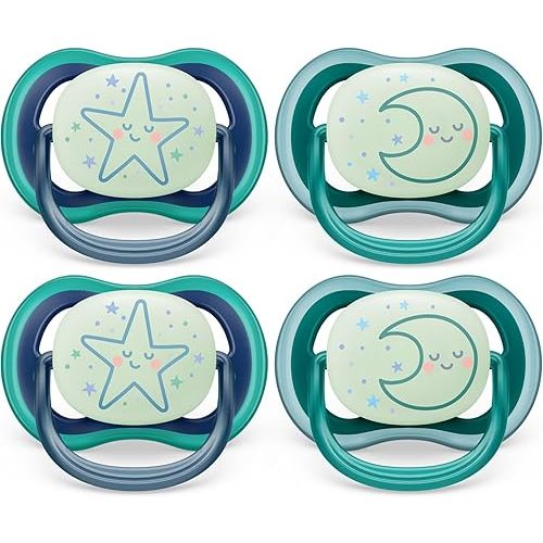 Philips Avent Ultra Air Pacifier 6-18m, Sleeping Star/Sleeping Moon, Nighttime, 4 pack SCF376/08