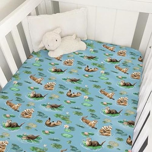 Cute Otters Baby Crib Sheet 52''x28'' Sea Otters Animal Snug Fitted Crib Mattress Cover for Boy Girl Watercolor Otters Pond Painting Soft Baby Bed Sheets for Standard Crib and Toddler Mattresses