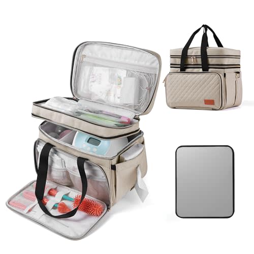 Breast Pump Bag Fits for Spectra S1 and S2, Double Deck Pumping Bag with Waterproof Mat for Pump Accessories, Pump Carrying Bag for Moms Work, Travel -Beige