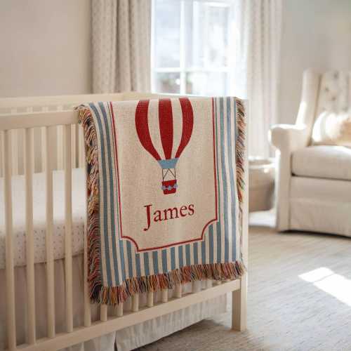 Personalized Hot Air Balloon Woven Baby Blanket Custom Baby Striped Blanket Circus Theme Nursery Blanket
