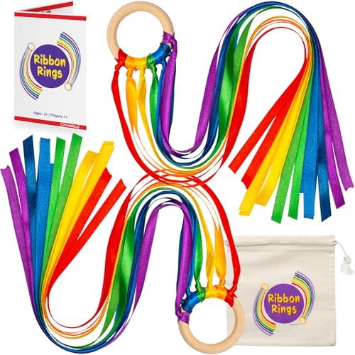 Ribbon Toy Hand Kite - Set of 2 Wooden Ring Waldorf Kite in Storage Bag - Each with 7 Rainbow Dance Ribbon. Movement Toys & Dance Ribbons for Toddlers - Streamer Toy Rainbow Wands & Dance Streamers