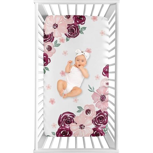 Sweet Jojo Designs Burgundy Watercolor Floral Girl Fitted Crib Sheet Baby or Toddler Bed Nursery Photo Op - Blush Pink, Maroon, Wine, Rose, Green and White Shabby Chic Flower Farmhouse