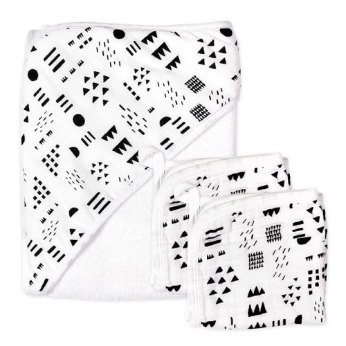 HonestBaby unisex baby 3-Piece Organic Cotton Hooded Towel & Washcloth Set Bandana, Pattern Play, One Size US