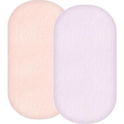 Synrroe 2 Pack Muslin Bassinet Fitted Sheets - 100% Cotton, Fits Oval/Rectangle/Hourglass Bassinet Mattresses, Pink & Purple, Soft Breathable Newborn Baby Bassinet Sheets