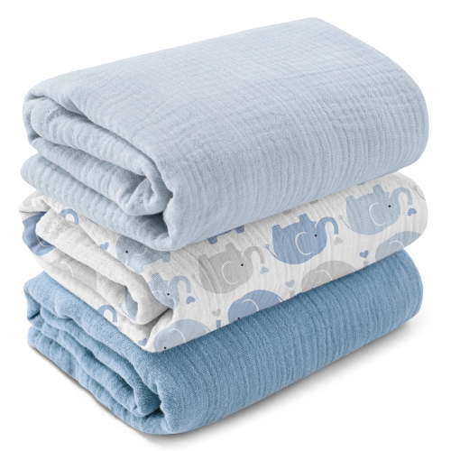 Gllquen Baby 3-Pack Muslin Organic Cotton Swaddle Blankets for Newborn Infant Boys Girls 38"x40", Elephant