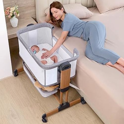 Ezebaby 3-in-1 Baby Bassinet, Rocking Baby Bassinets Bedside Sleeper, Adjustable Portable Crib for Newborn Infant with Wheels Storage Basket and Mesh Sides