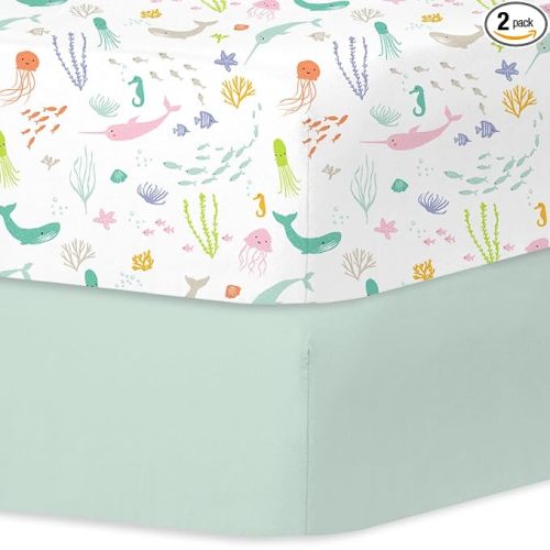 Little Grape Land Crib Sheets 2 Pack, Microfiber Fitted Crib Sheet for Standard Crib Mattress 52"x28"x8", Soft and Neutral Baby Crib Sheets for Boys and Girls, Breathable & Easy Care, Pastel Ocean