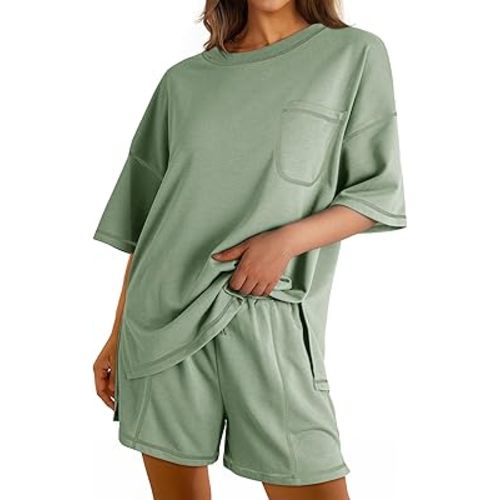 Dokotoo Women's Summer Two Piece Outfits Sweatsuit Casual Short Sleeve Shirts and Drawstring Shorts Lounge Sets