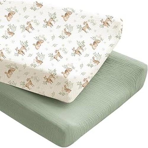 Konssy 2 Pack Muslin Changing Pad Covers for Boys, Ultra Soft & Breathable Cotton Baby Diaper Changing Table Covers, Neutral Nursery Diaper Changing Pad Sheets (Woodland,Sage)