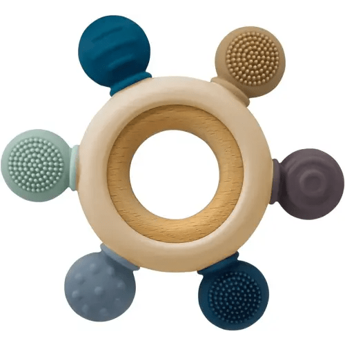 Baby Teething Toys with Wooden Ring Soothe Babies Gums, Teethers for Babies 3-6 months, Wooden Baby Toys, Easy to Grasp Toy for Baby Toys 6-12 Months, Silicone Baby Teether BPA Free