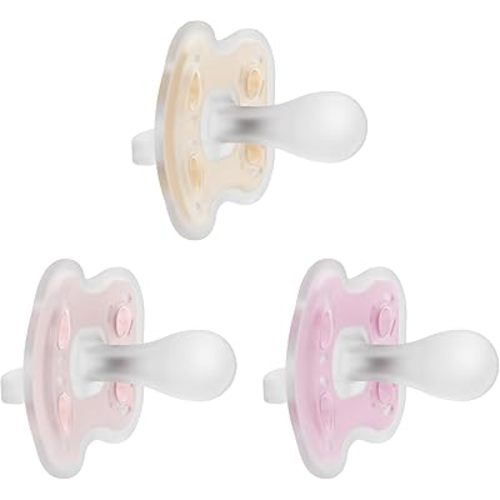 Dr. Brown's Advantage One-Piece Silicone Baby Pacifier, Fully Symmetrical Soother, Ecru/Light Pink/Pink, 0-6m, BPA Free, 3 Pack