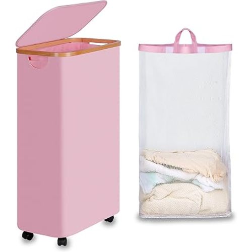 Slim Laundry Basket with Wheels, Narrow Rolling Laundry Hamper with Lid and Removable Bag, Tall Aesthetic Dirty Clothes Hamper on Wheels for Laundry Room, Bedroom, Dorm and Bathroom, 75L Pink
